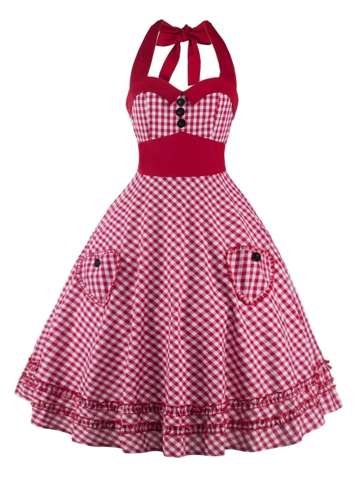 1950s Plaid Pocket Halter Swing Dress