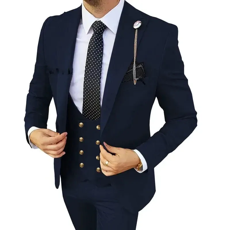 2024 Fashion New Men Leisure Boutique Solid Color Business Slim Wedding Best Suit 3 Pcs Set Blazers Dress Jacket Coat Pants Vest