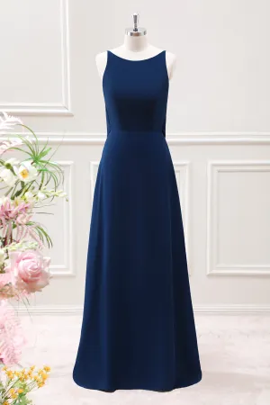 A Line Navy Backless Sleeveless Maxi Dress