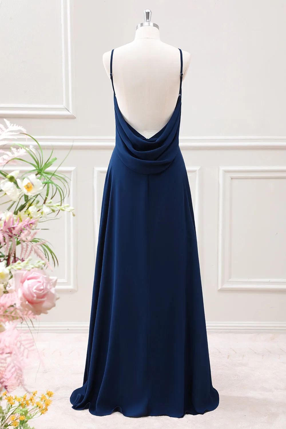 A Line Navy Backless Sleeveless Maxi Dress