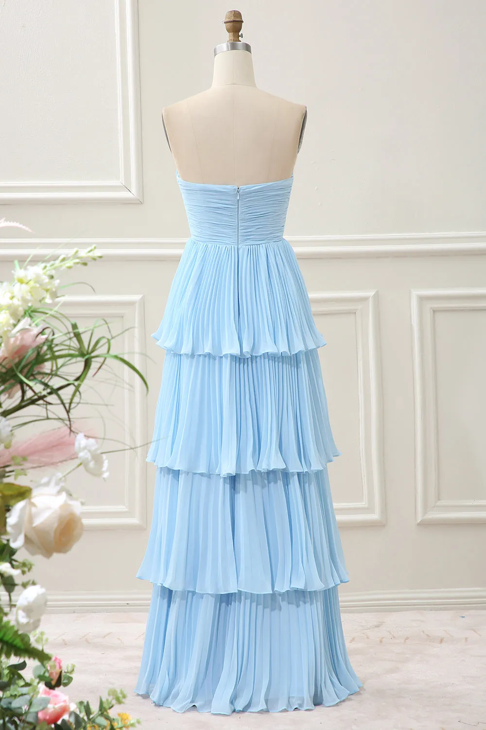 A Line Strapless Sky Blue Sweetheart Maxi Dress with Pleated