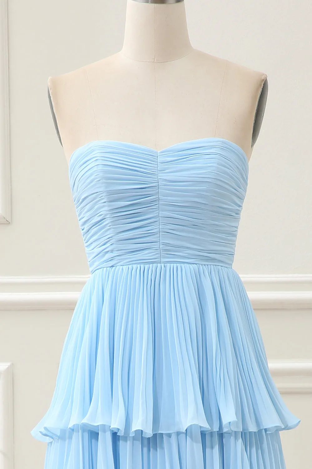 A Line Strapless Sky Blue Sweetheart Maxi Dress with Pleated