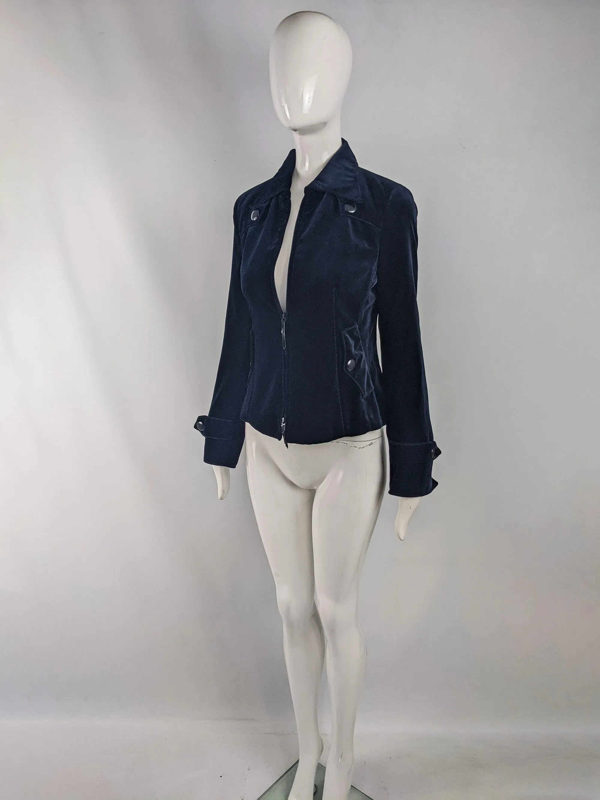 Akris Vintage Womens Dark Blue Velvet Zip Front Jacket, 1990s