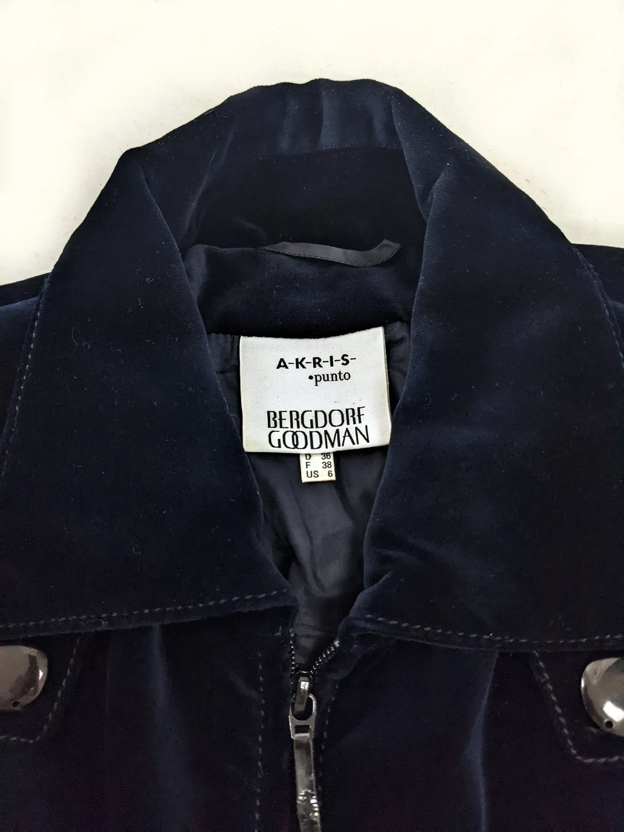 Akris Vintage Womens Dark Blue Velvet Zip Front Jacket, 1990s