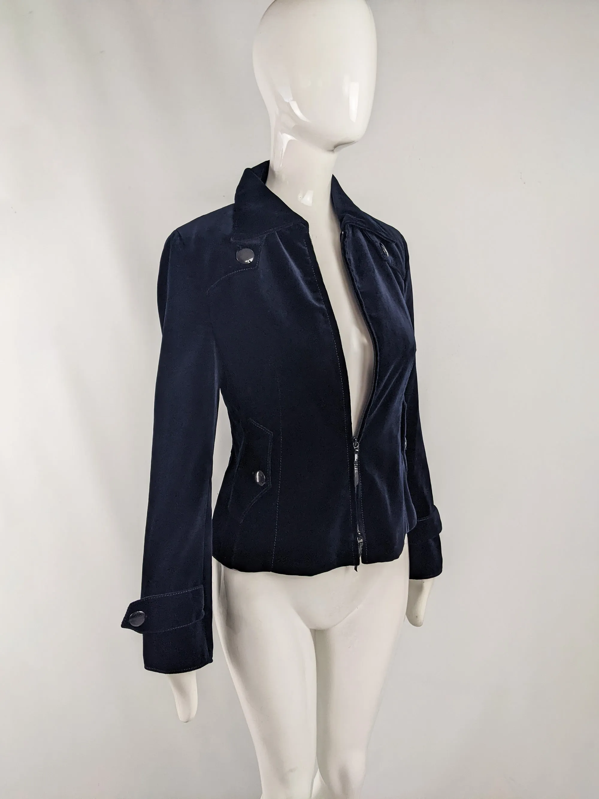 Akris Vintage Womens Dark Blue Velvet Zip Front Jacket, 1990s