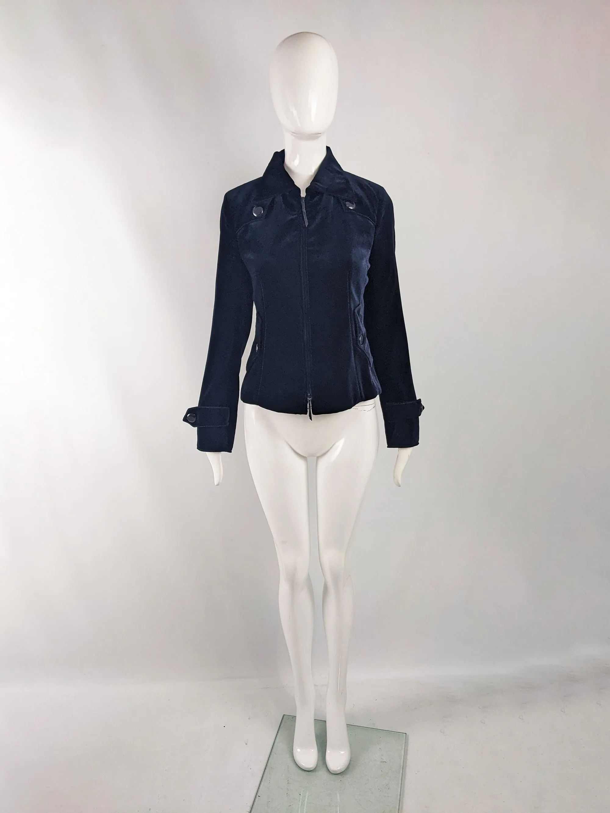 Akris Vintage Womens Dark Blue Velvet Zip Front Jacket, 1990s