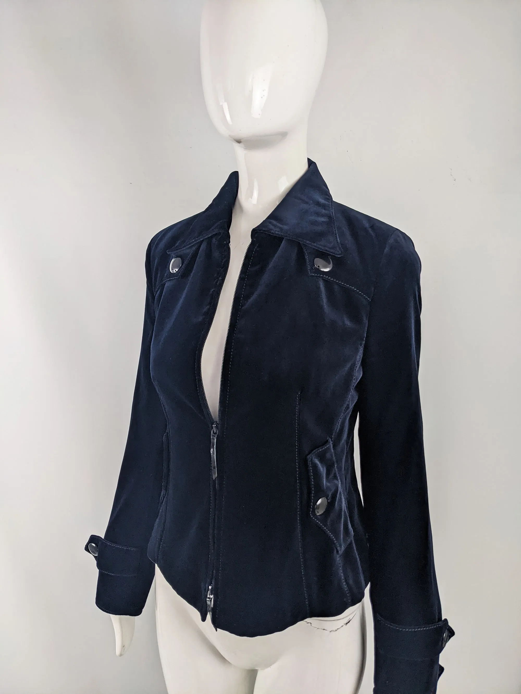 Akris Vintage Womens Dark Blue Velvet Zip Front Jacket, 1990s