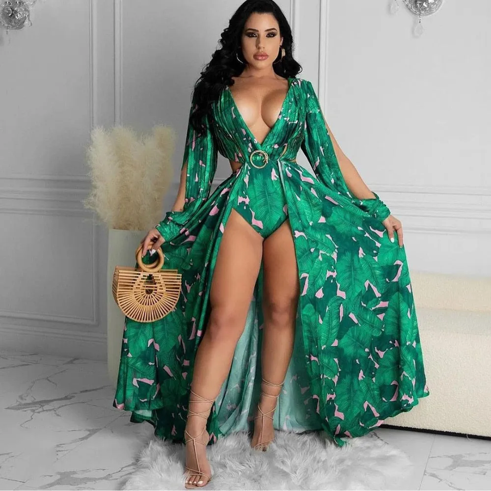 Amozae- Beach   Plus Size Dresses Summer Women Casual Dress Backless Hollow-Out V Neck Long Sleeve Print Pleated Maxi Dress