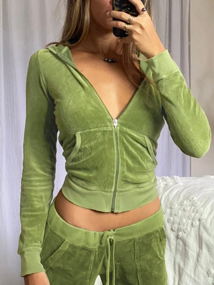 Amozae- Casual Velvet Crop Top Winter Jacket Women Green Pink Zip Up Hoodies Coats Ladies Fashion Skinny Overcoat Streetwear