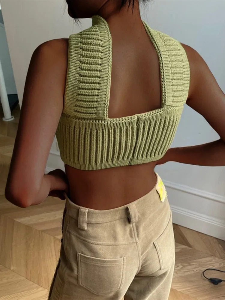 Amozae- Hirigin Summer Knitted Cut Out   Crop Top For Women Strapless Backless Slim Halter Tops Y2K Gothic Elegant Streetwear