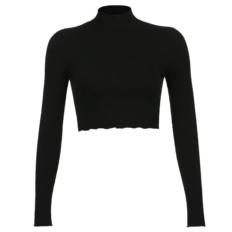 Amozae- Solid Nude Turtleneck Cropped T Shirt Women Autumn Casual Long Sleeve T-Shirt Ladies Skinny Basic Tee Shirt Femme