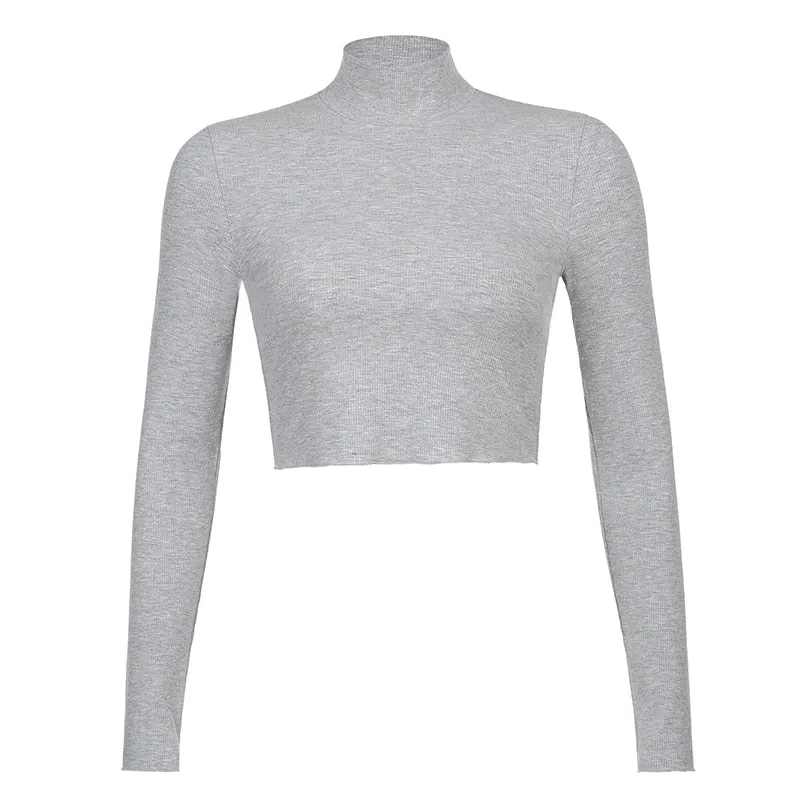 Amozae- Solid Nude Turtleneck Cropped T Shirt Women Autumn Casual Long Sleeve T-Shirt Ladies Skinny Basic Tee Shirt Femme