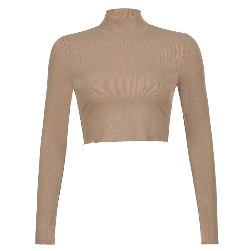 Amozae- Solid Nude Turtleneck Cropped T Shirt Women Autumn Casual Long Sleeve T-Shirt Ladies Skinny Basic Tee Shirt Femme