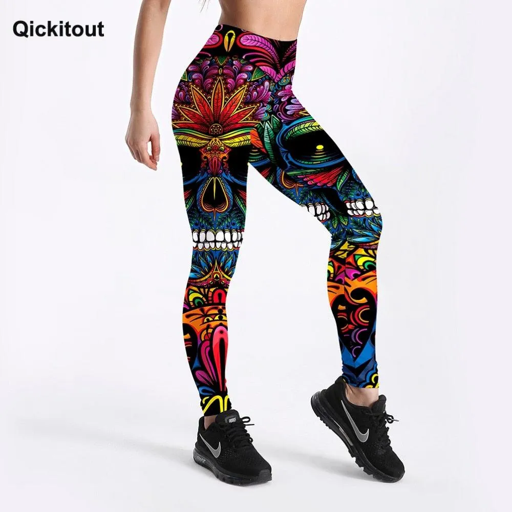 Beautiful Summer Style Women Leggings - Color Skull & Leaf Printed Leggings (BAP)(TBL)