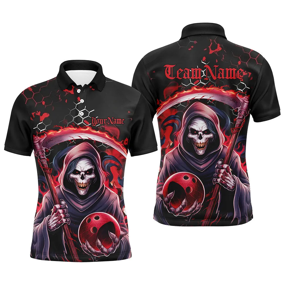 Bowling And Pins Grim Reaper Customized Name, Team Name 3D Polo Shirt For Men