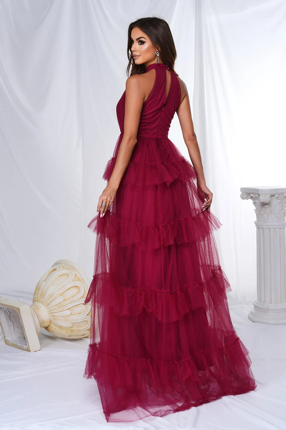 Burgundy Halter Tiered Tulle A Line Maxi Dress