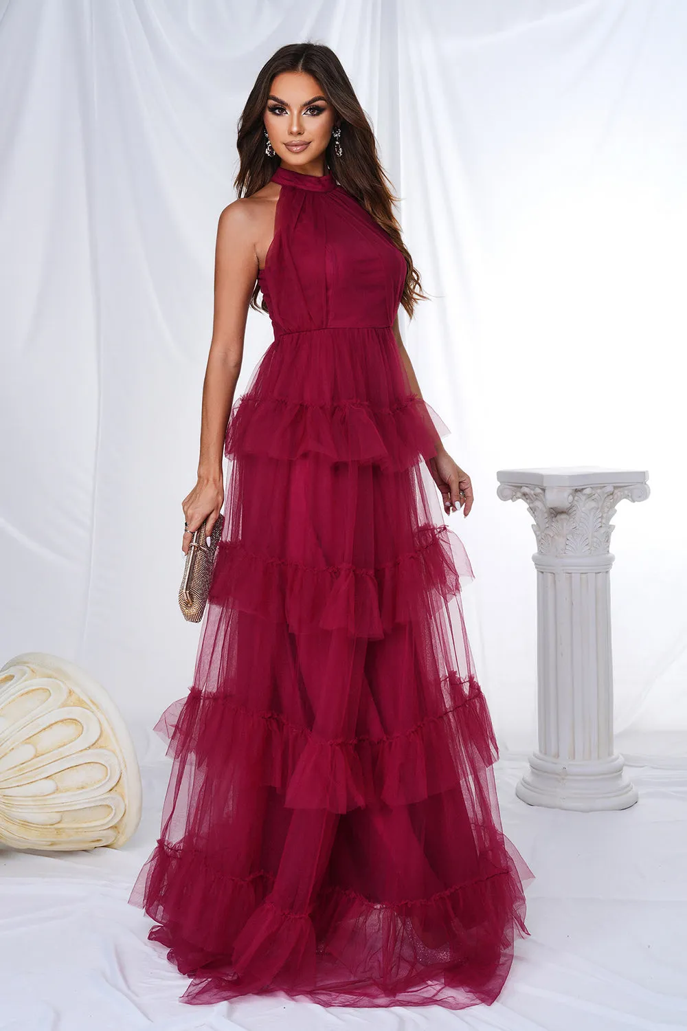 Burgundy Halter Tiered Tulle A Line Maxi Dress