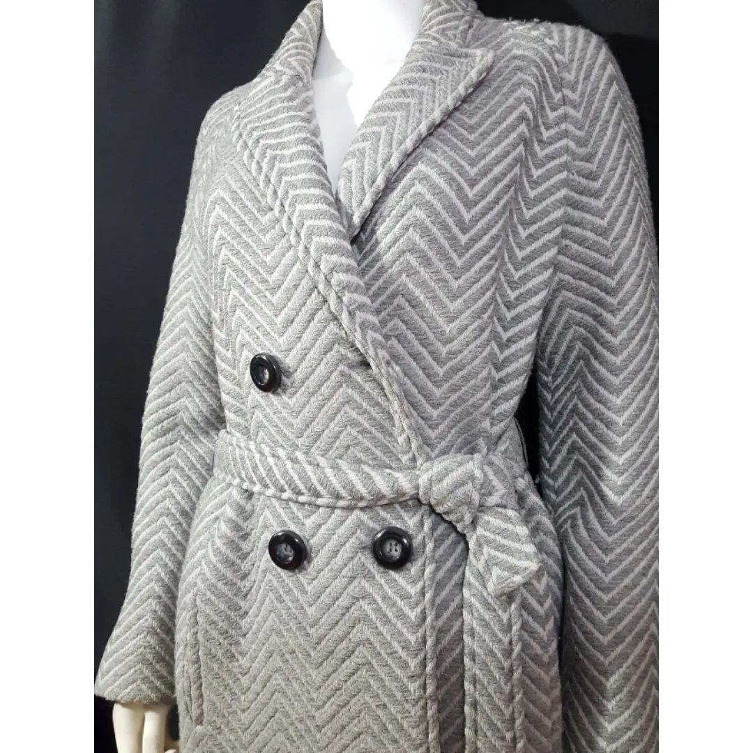 CACHAREL Herringbone Wool Tweed Belted Coat Size M