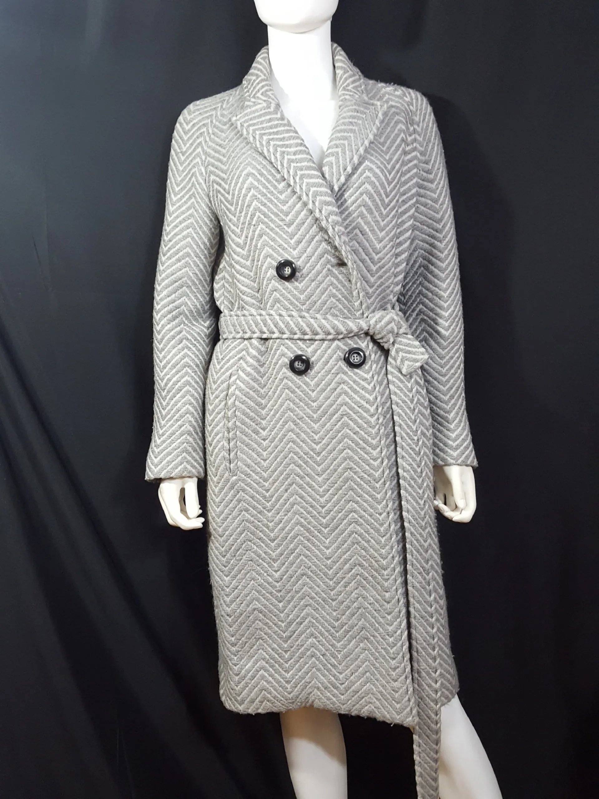 CACHAREL Herringbone Wool Tweed Belted Coat Size M