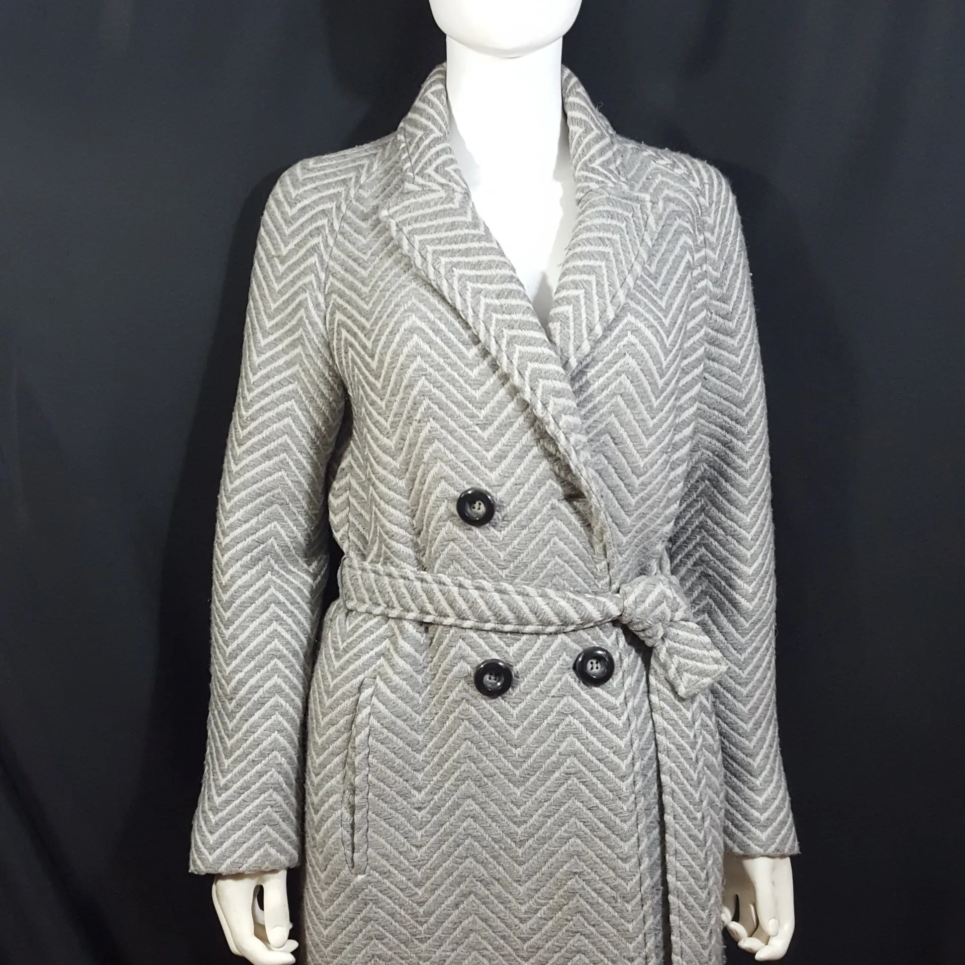 CACHAREL Herringbone Wool Tweed Belted Coat Size M