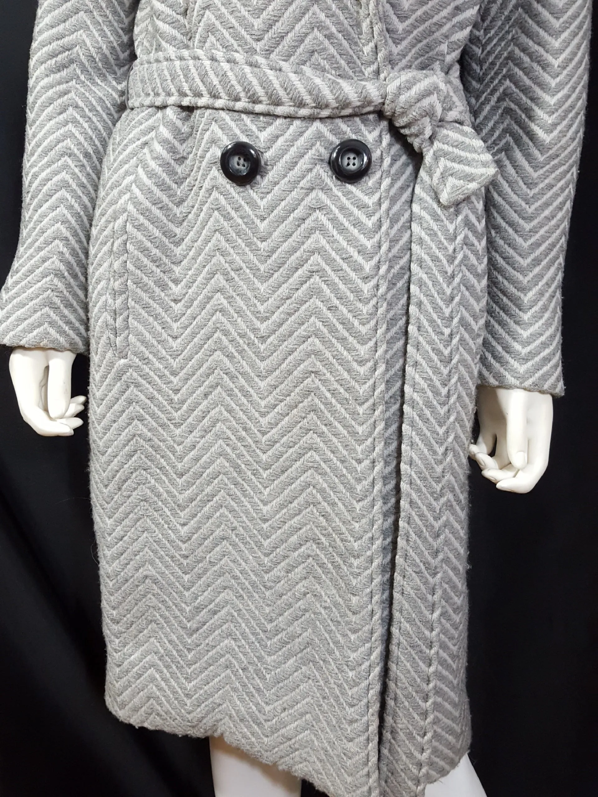 CACHAREL Herringbone Wool Tweed Belted Coat Size M