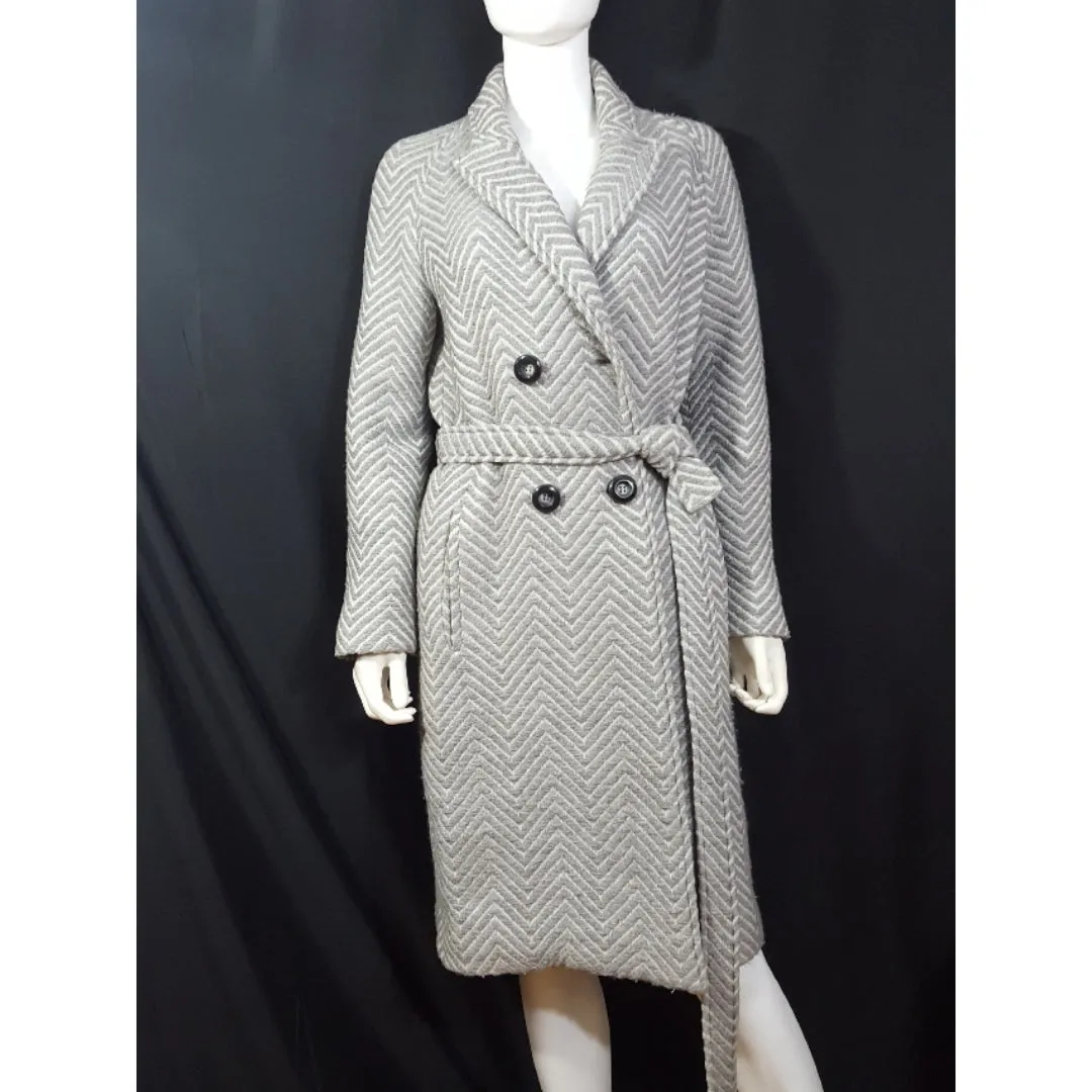 CACHAREL Herringbone Wool Tweed Belted Coat Size M