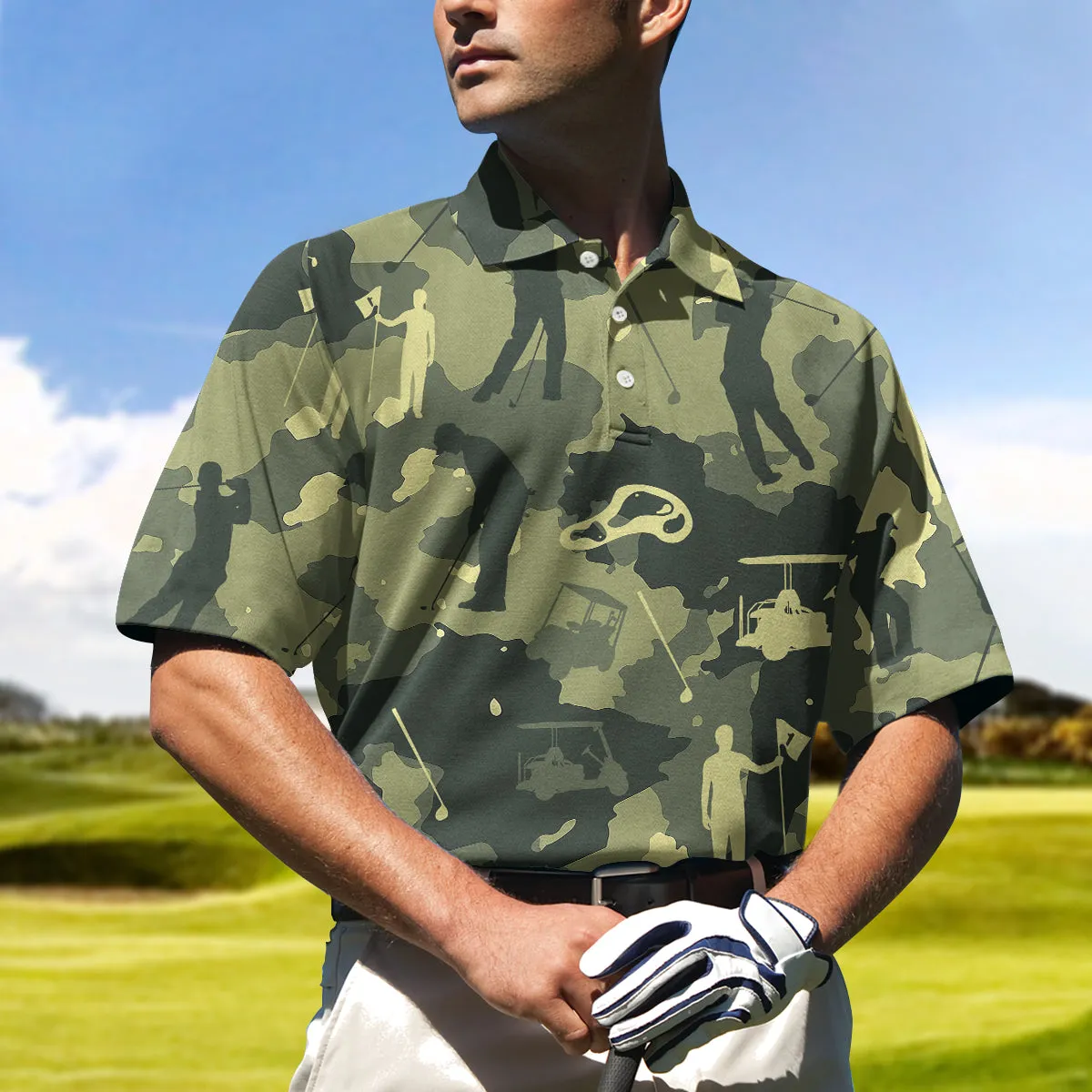 Camouflage Texture Golf Set Short Sleeve Polo Shirt, Military Polo Shirt, Camo Golf Shirt For Men Coolspod