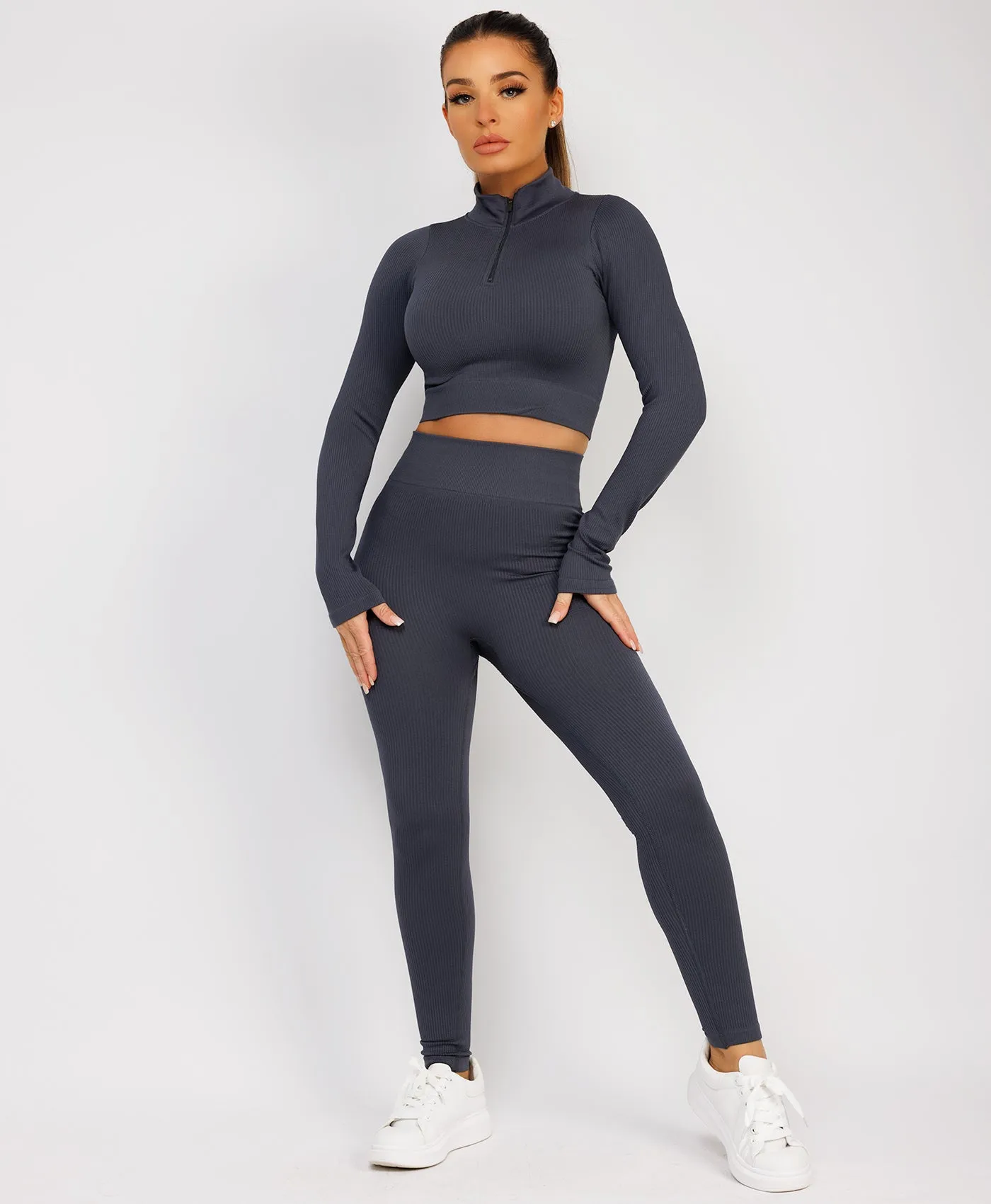 Charcoal Grey Half Zipped Neck Ribbed Activewear Set