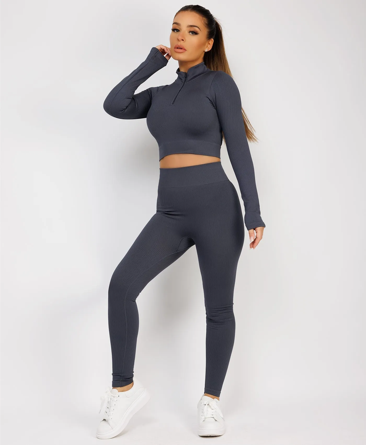 Charcoal Grey Half Zipped Neck Ribbed Activewear Set