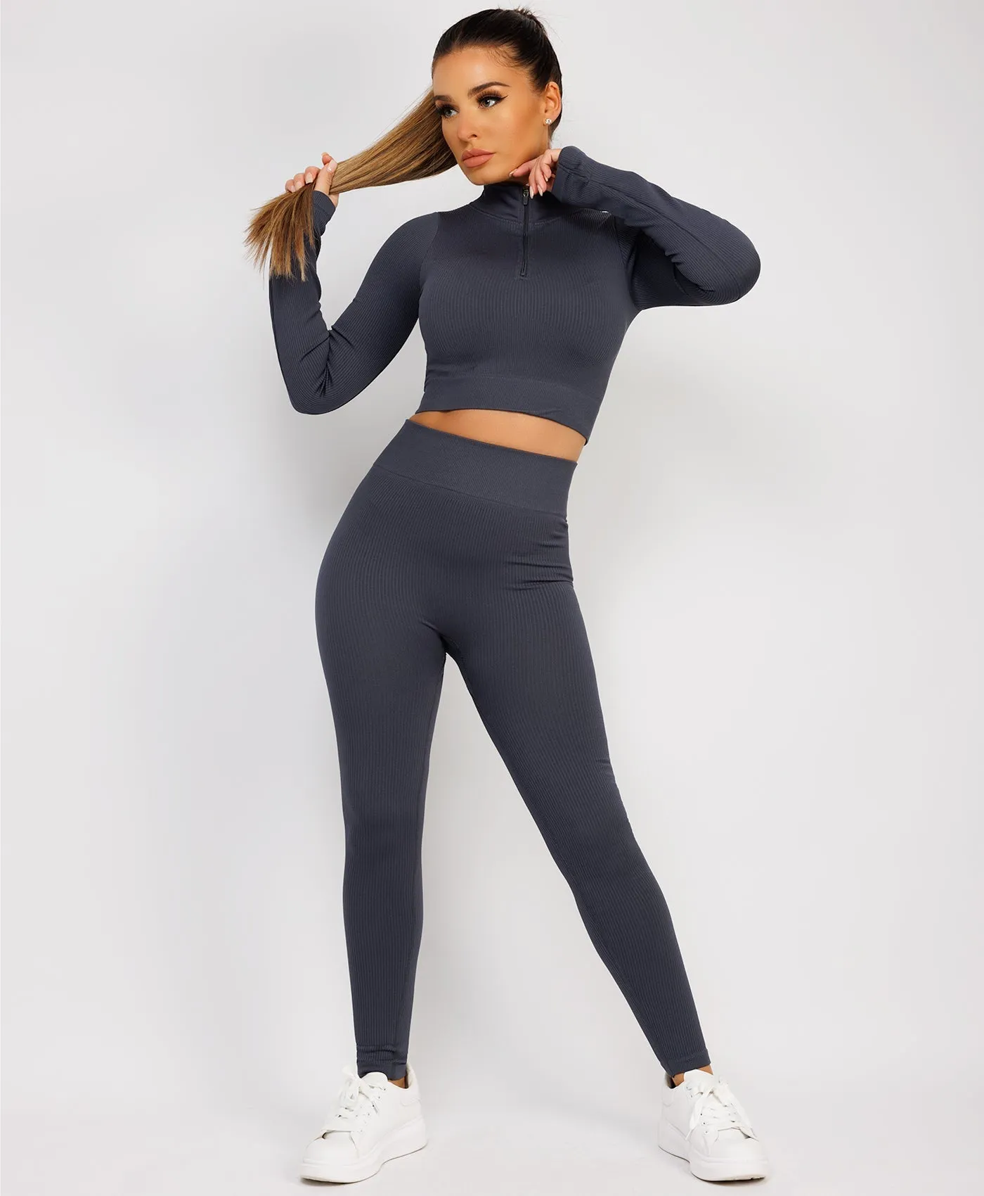 Charcoal Grey Half Zipped Neck Ribbed Activewear Set