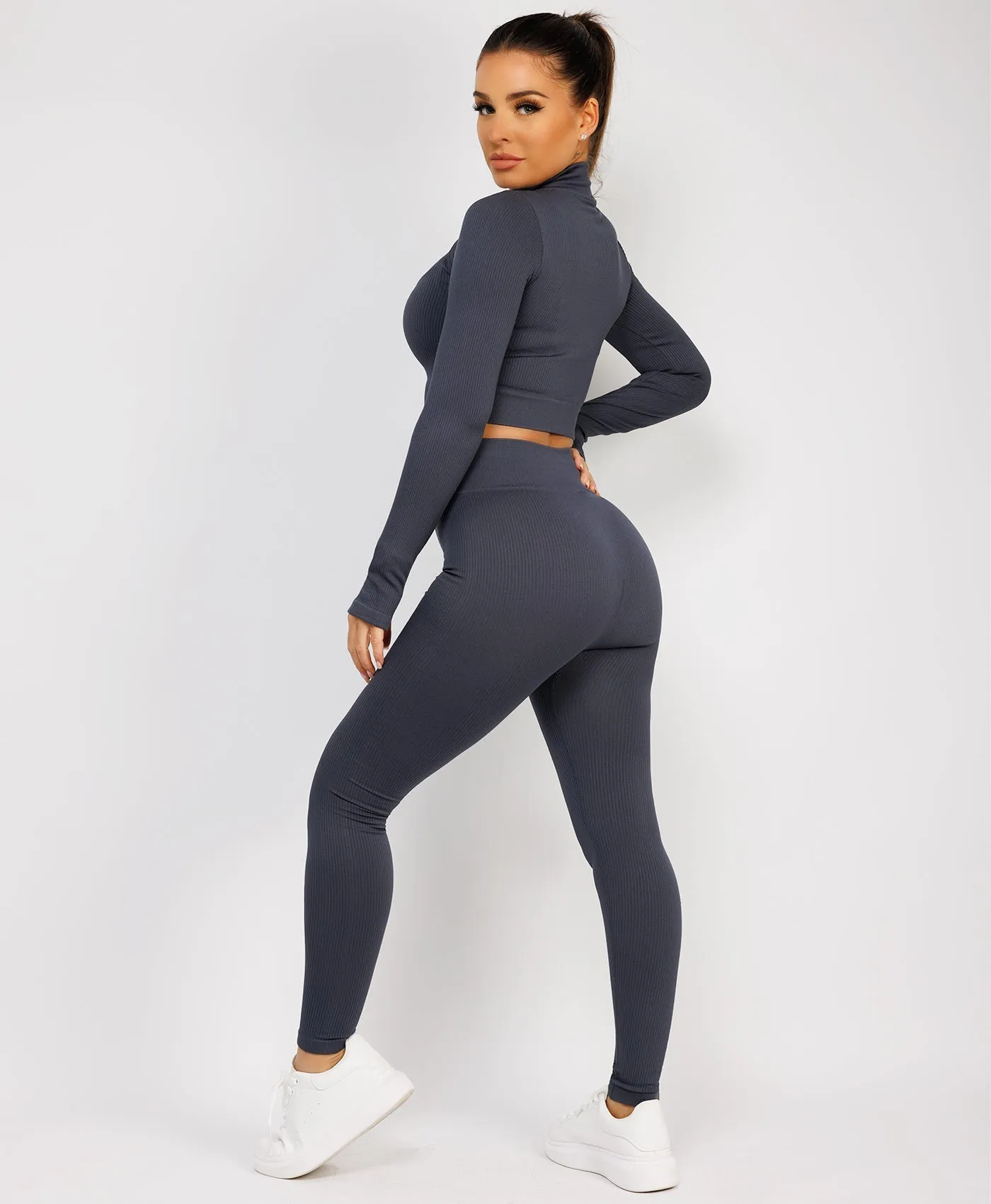 Charcoal Grey Half Zipped Neck Ribbed Activewear Set