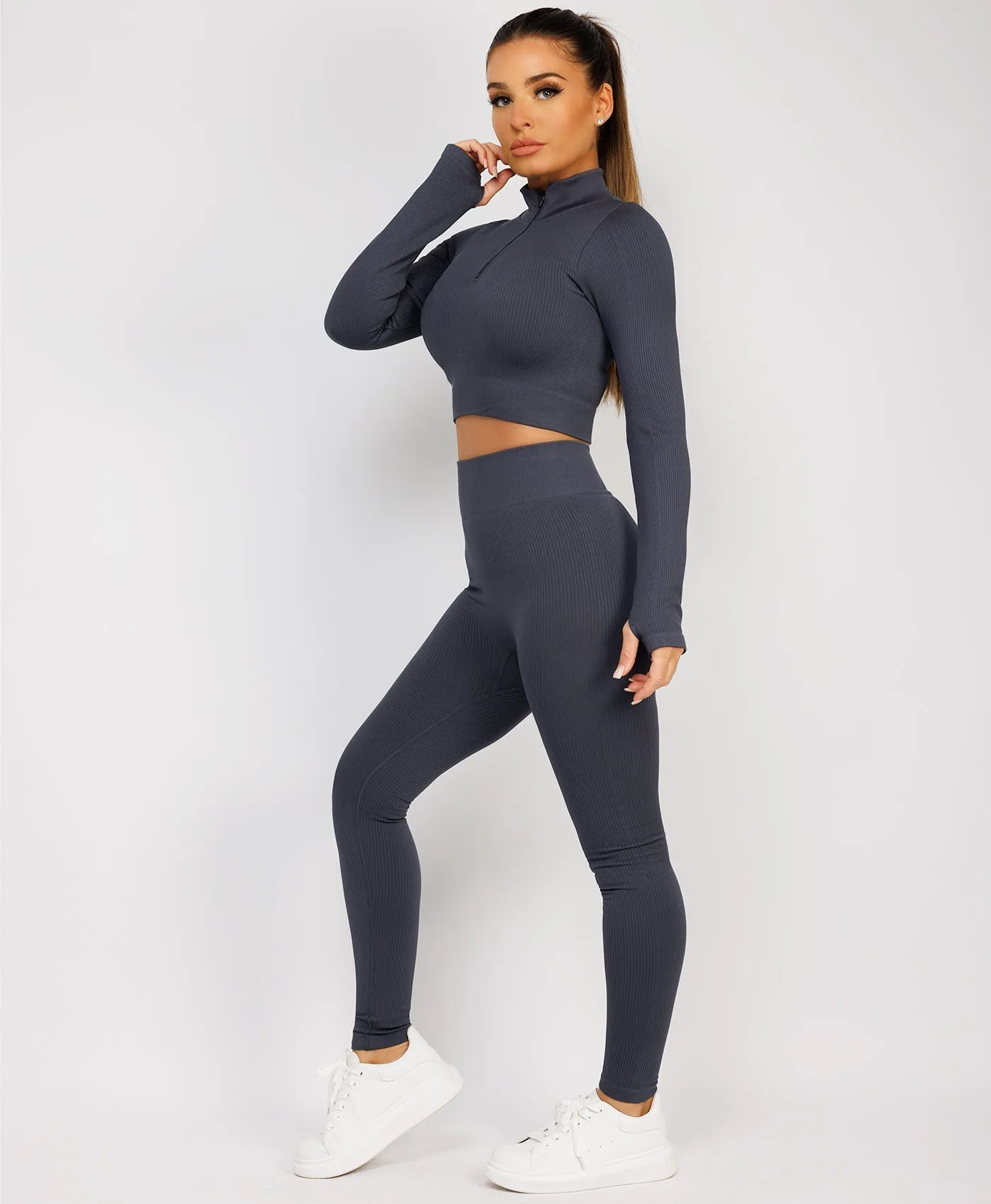 Charcoal Grey Half Zipped Neck Ribbed Activewear Set