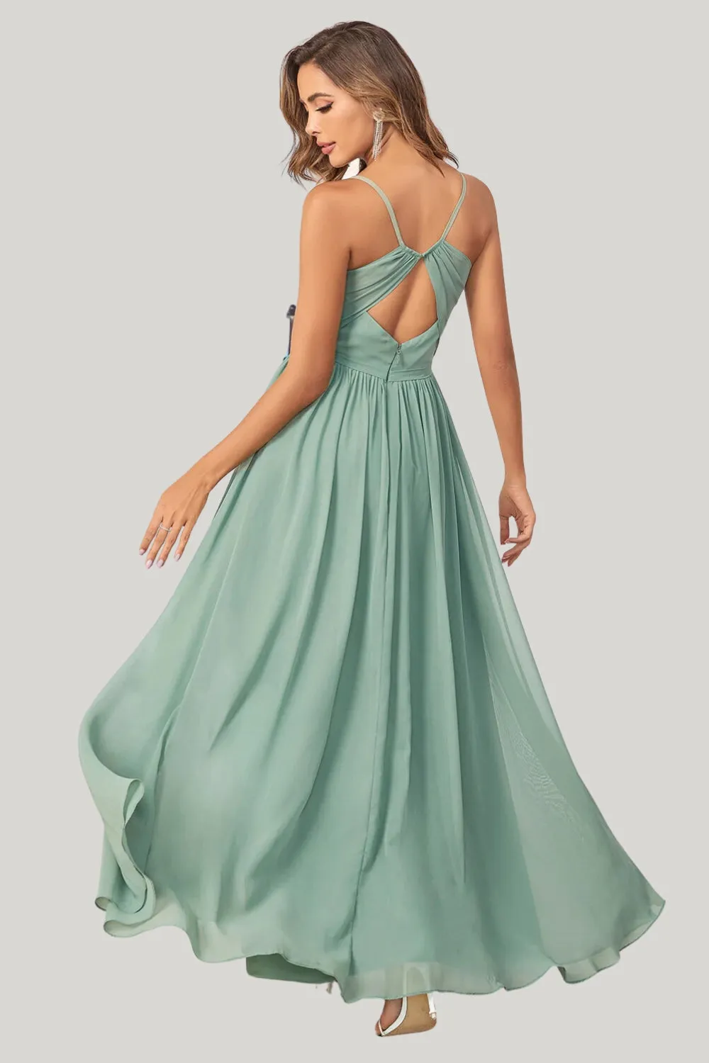 Chiffon A Line Spaghetti Straps Eucalyptus Maxi Dress with Slit