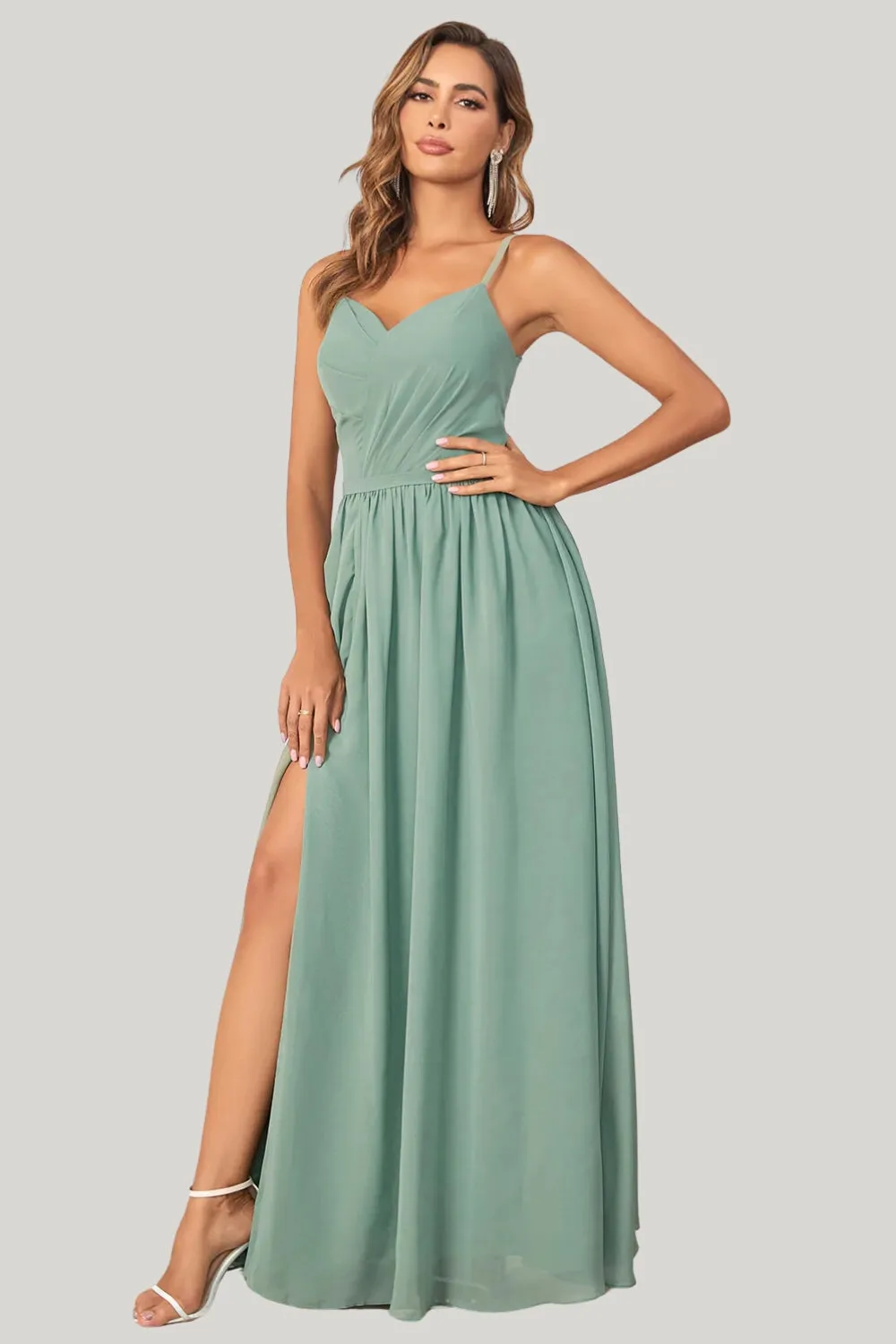 Chiffon A Line Spaghetti Straps Eucalyptus Maxi Dress with Slit