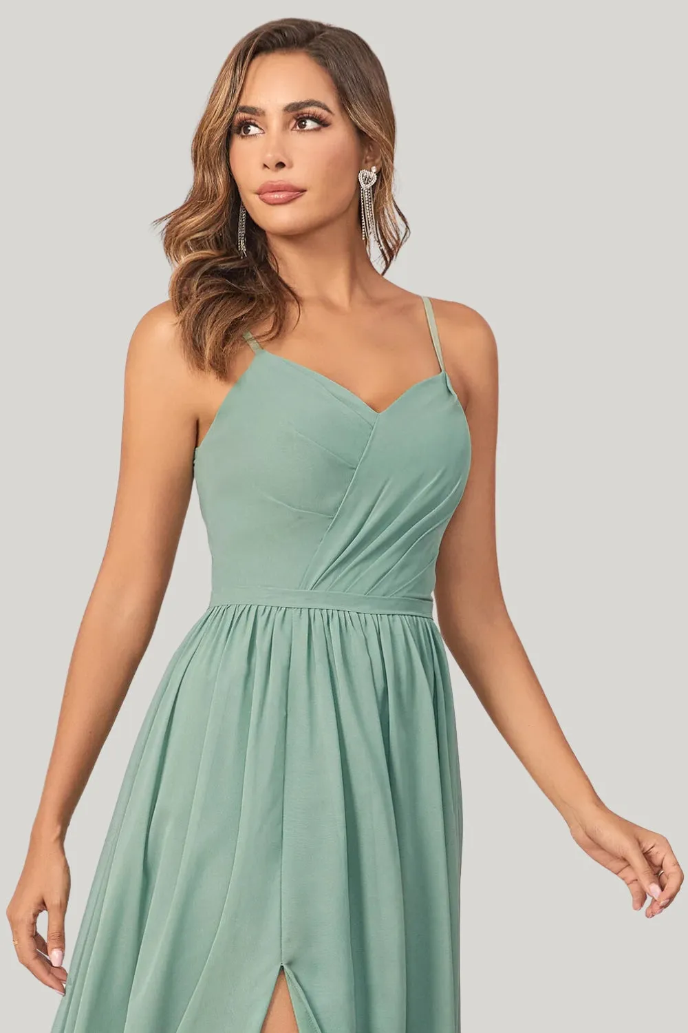 Chiffon A Line Spaghetti Straps Eucalyptus Maxi Dress with Slit