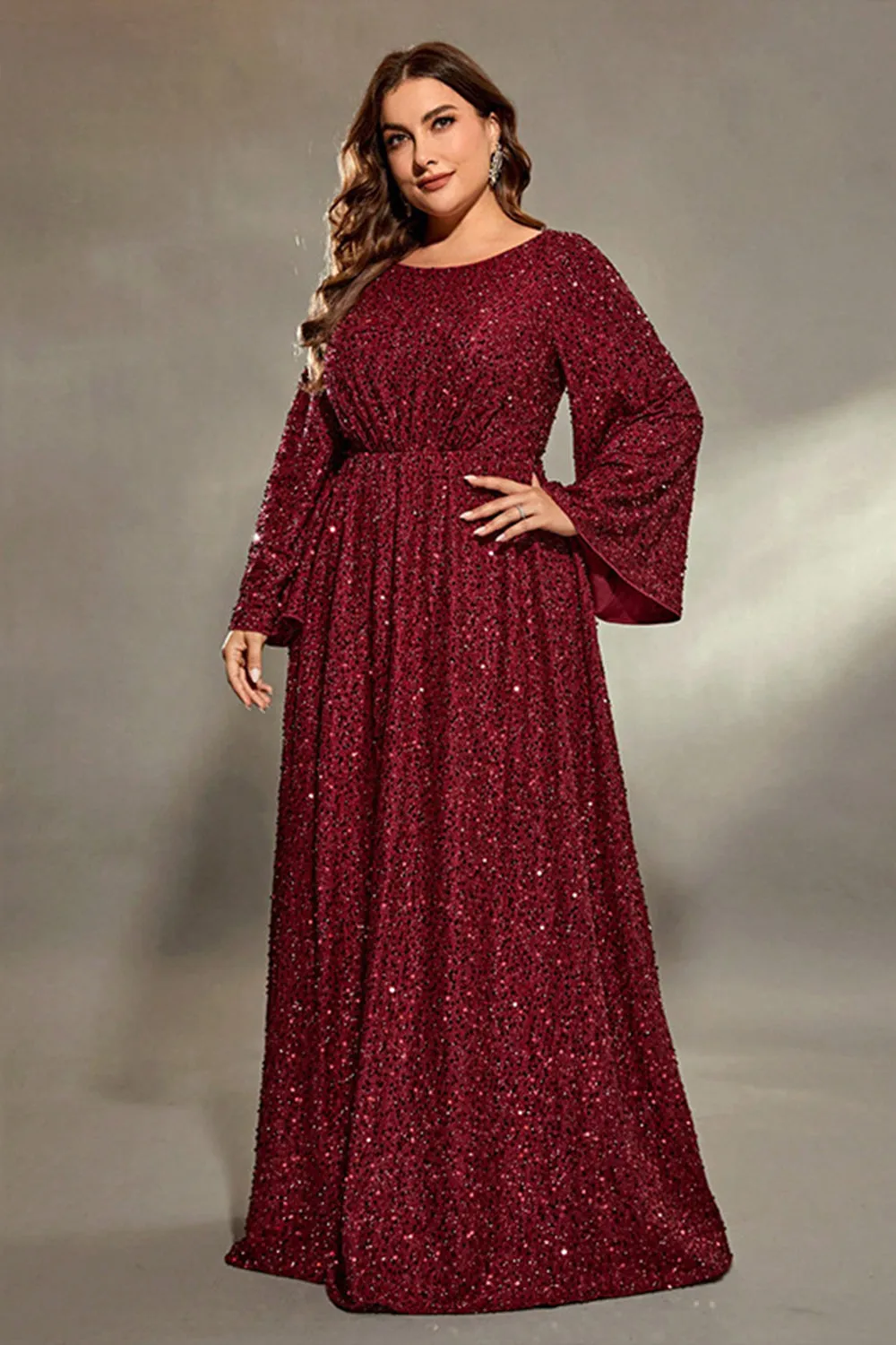 Dark Red Sequined Plus Size Round Neck Long Sleeves Maxi Dress