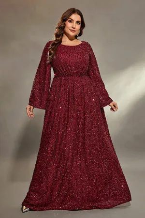 Dark Red Sequined Plus Size Round Neck Long Sleeves Maxi Dress