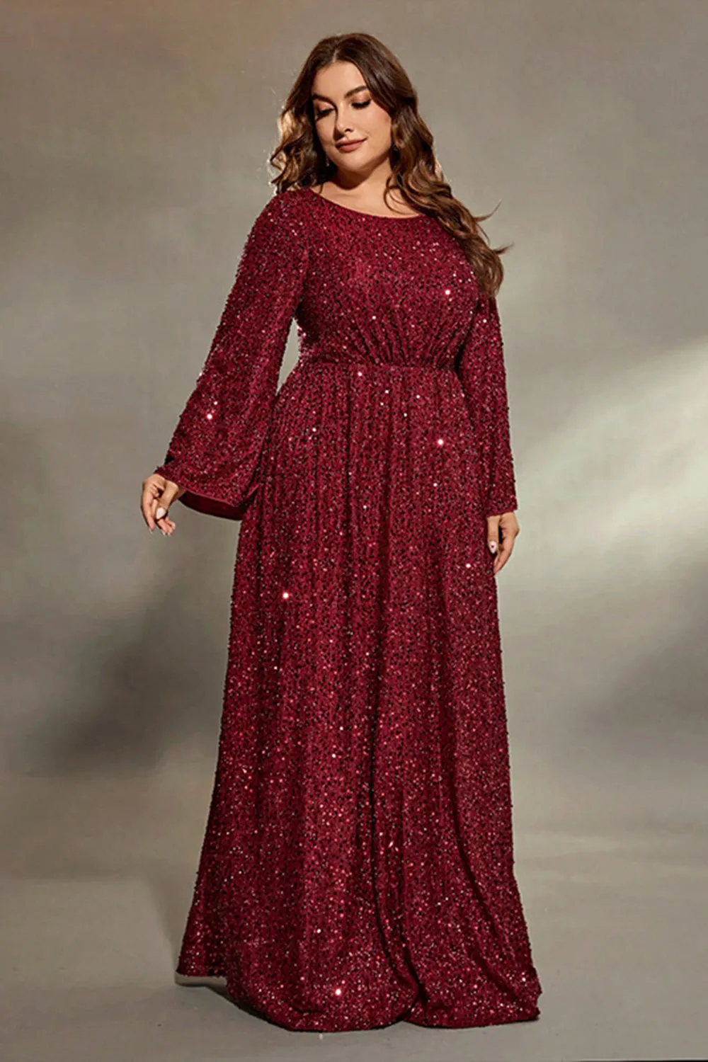 Dark Red Sequined Plus Size Round Neck Long Sleeves Maxi Dress