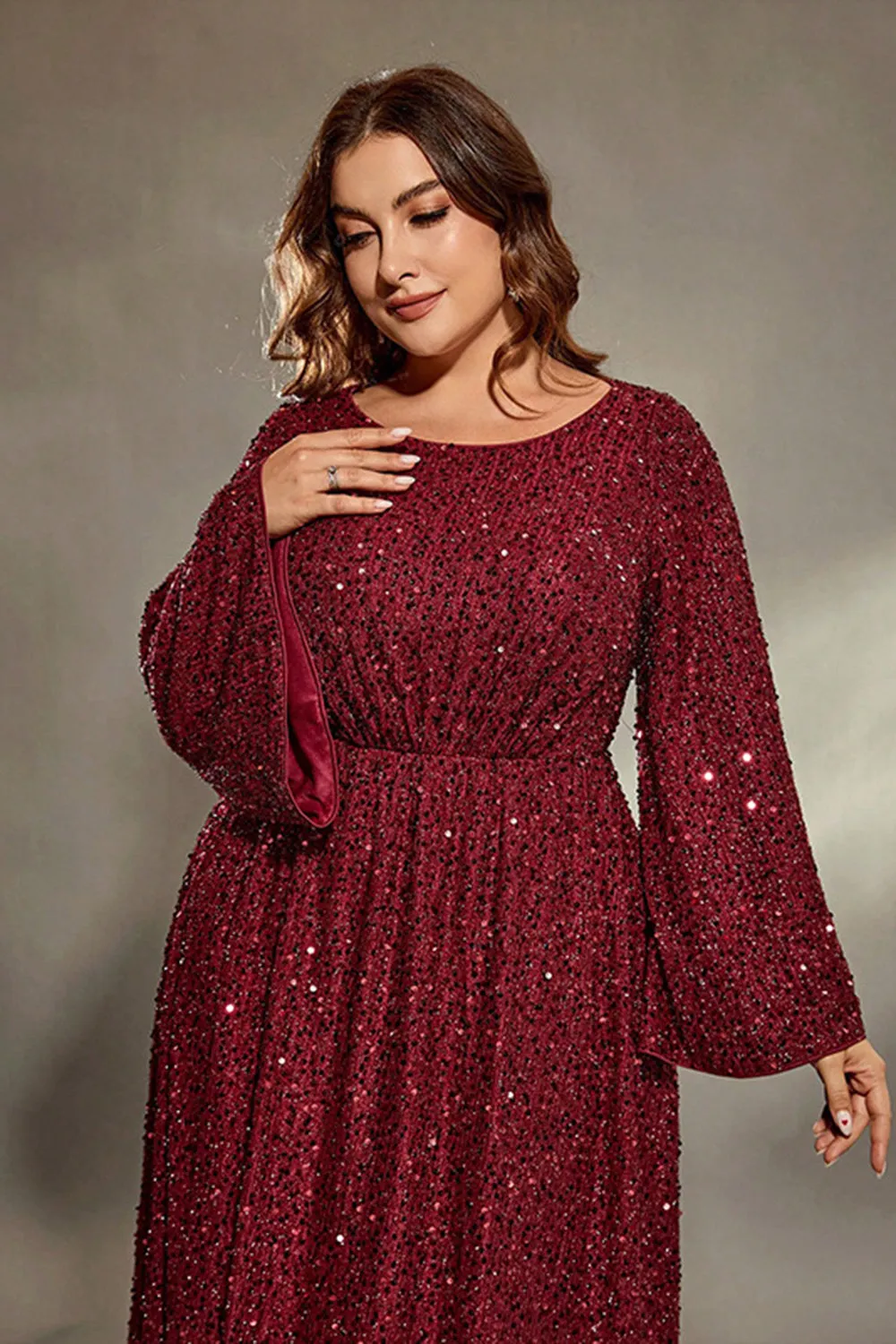 Dark Red Sequined Plus Size Round Neck Long Sleeves Maxi Dress