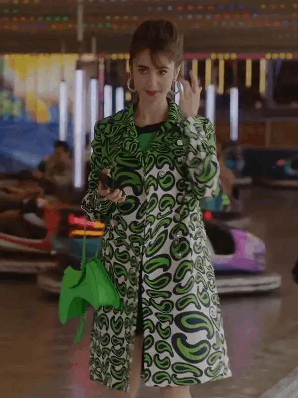 Emily in Paris S03 Lily Collins Green Printed Coat