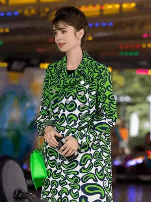 Emily in Paris S03 Lily Collins Green Printed Coat