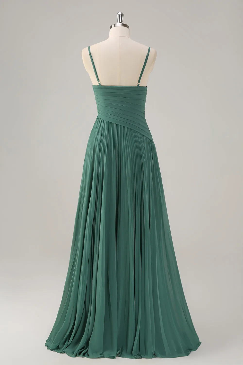 Eucalyptus Spaghetti Straps Pleated Ruffles A Line Maxi Dress with Slit