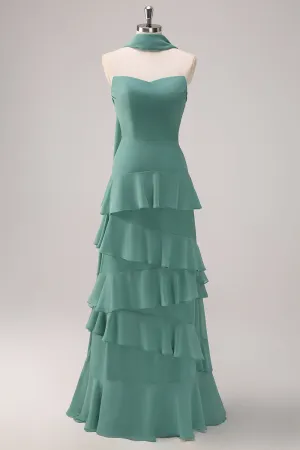 Eucalyptus Strapless Ruffled Maxi Dress with Ribbon