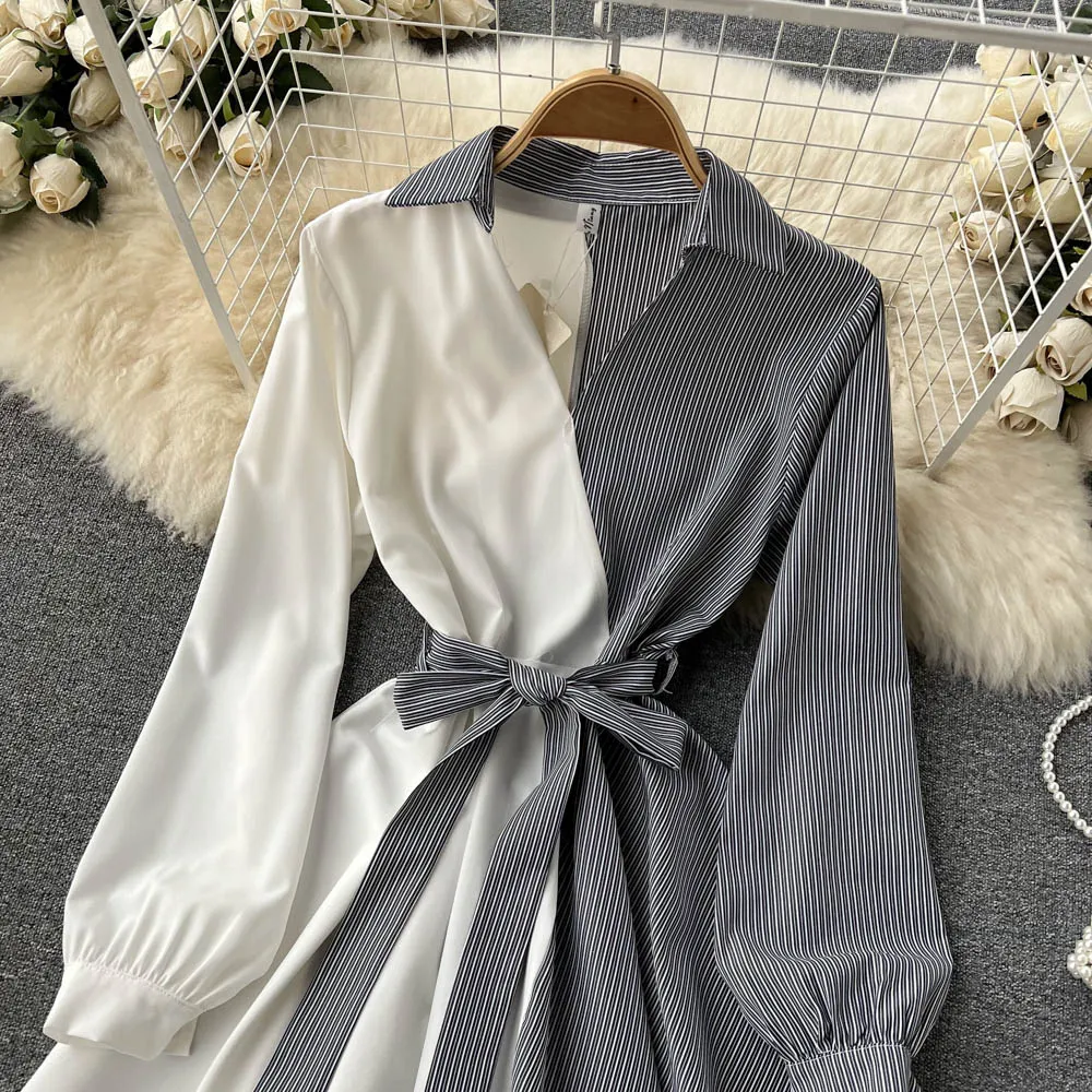 Fashionable striped long-sleeved irregular dress    S269