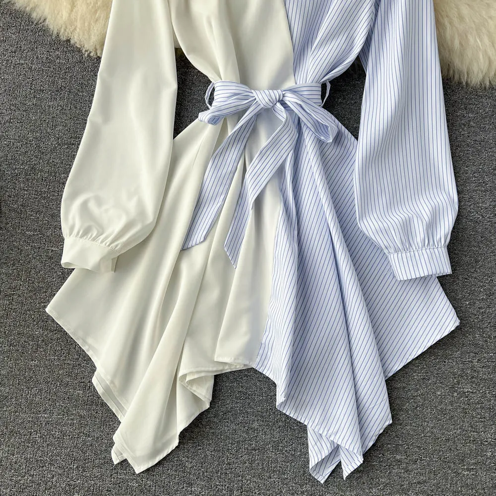 Fashionable striped long-sleeved irregular dress    S269