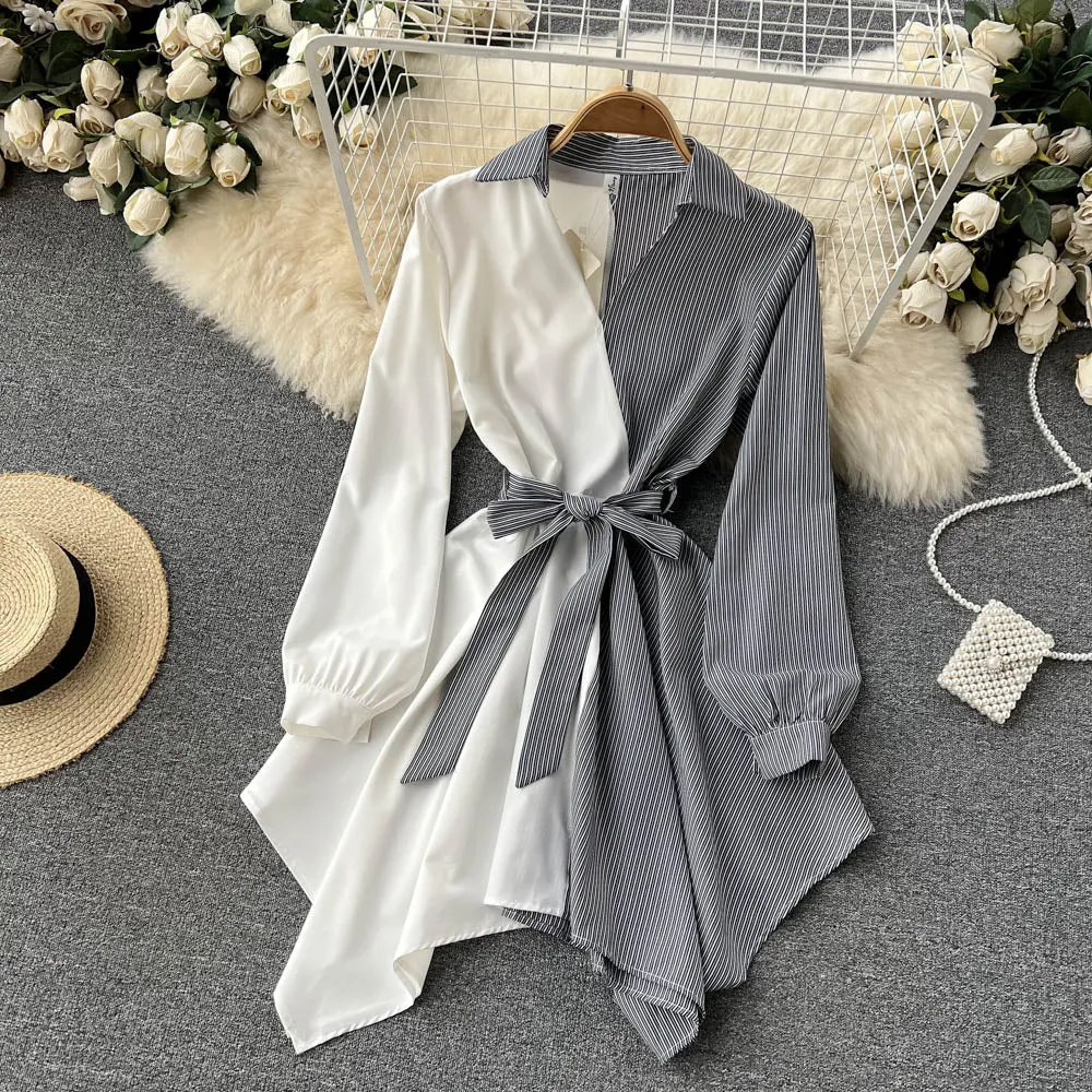 Fashionable striped long-sleeved irregular dress    S269