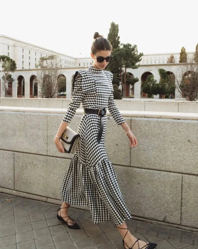 Female Fashion Vintage Plaid Pleated Dresses Elegant Dress