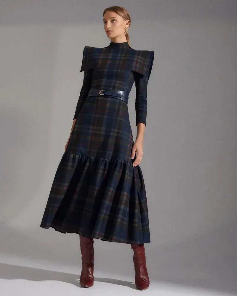 Female Fashion Vintage Plaid Pleated Dresses Elegant Dress