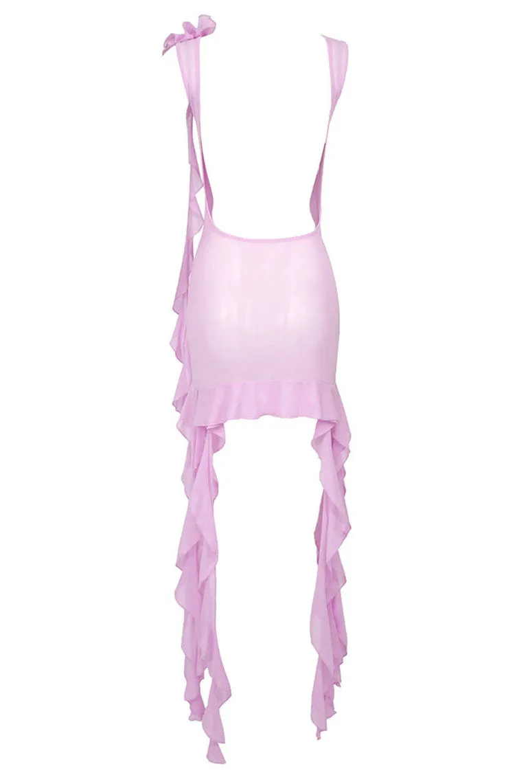 Flowy Ruffle Strap Rosette Corsage Backless Sheer Mesh Mini Dress - Pink