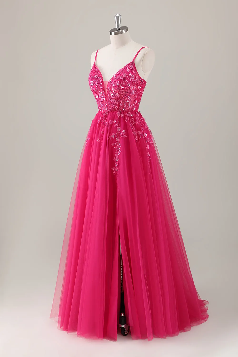 Fuchsia Floral Sequin Slit A Line Tulle Maxi Dress with Lace-up Back